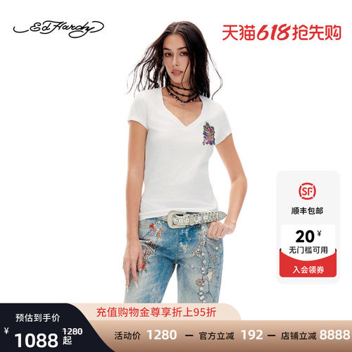 Ed Hardy埃德哈迪2026夏季新款女士烫钻V领百搭短袖T恤E1SBW229