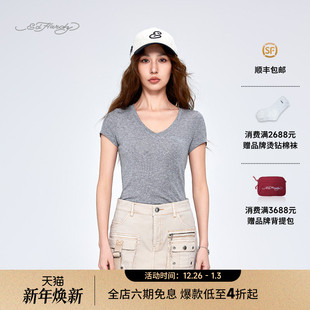 烫钻轻薄透气复古v领女士短袖 新款 T恤 Hardy埃德哈迪2025夏季