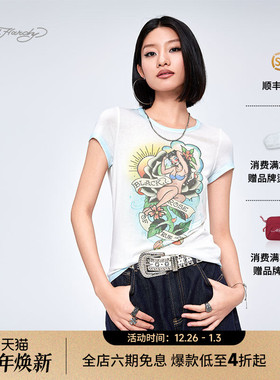 Ed Hardy埃德哈迪2025夏季新款白色针织女士修身圆领短袖T恤