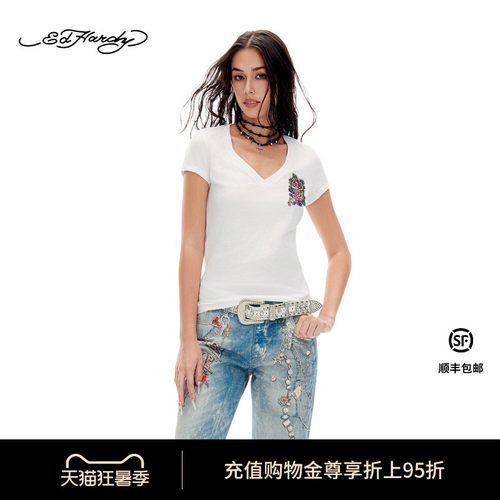 Ed Hardy埃德哈迪2026夏季新款女士烫钻V领百搭短袖T恤E1SBW229