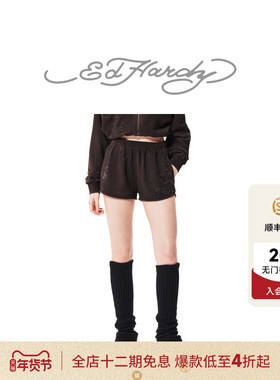 Ed Hardy埃德哈迪秋季新款平绣喷染烫钻logo宽松女士短裤