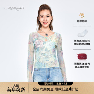 长袖 女士橄榄绿针织烫钻修身 新款 T恤 Hardy埃德哈迪2025夏季