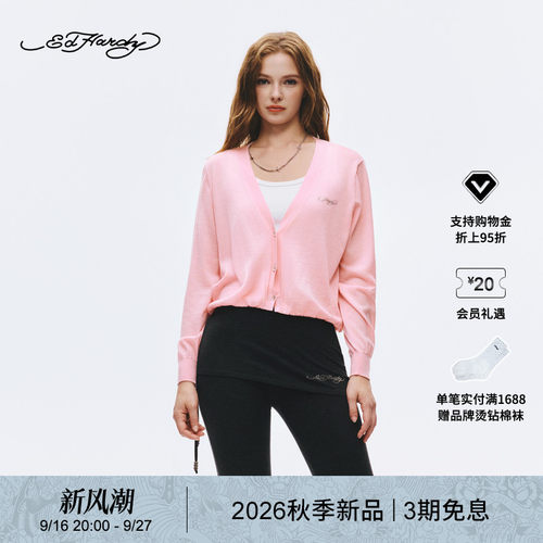 【秋季新品】Ed Hardy埃德哈迪秋季新款女士纯羊毛V领开衫针织衫