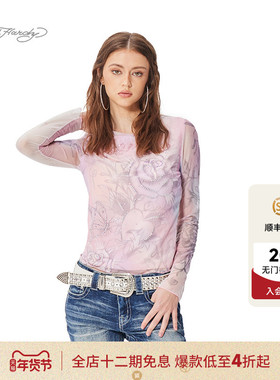 Ed Hardy埃德哈迪春季流行粉色数码印烫钻新款女士长袖T恤