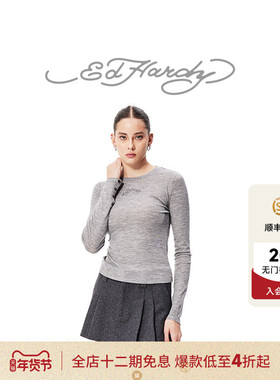 Ed Hardy埃德哈迪冬季新款圆领紧身微短打底衫女士长袖T恤