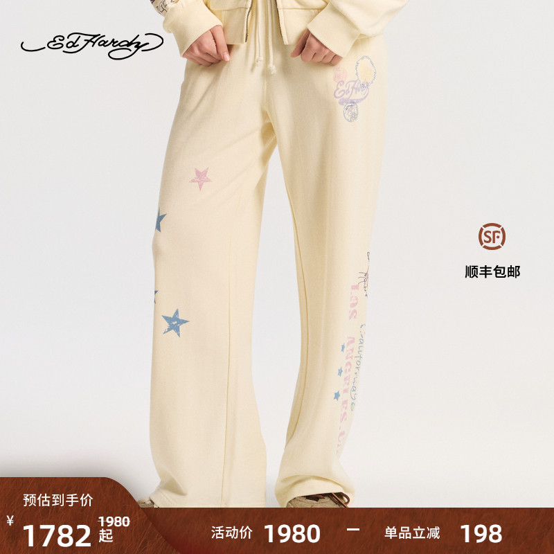 Ed Hardy埃德哈迪2026春季新款女士水浆印装腰宽松长裤E1SAW208