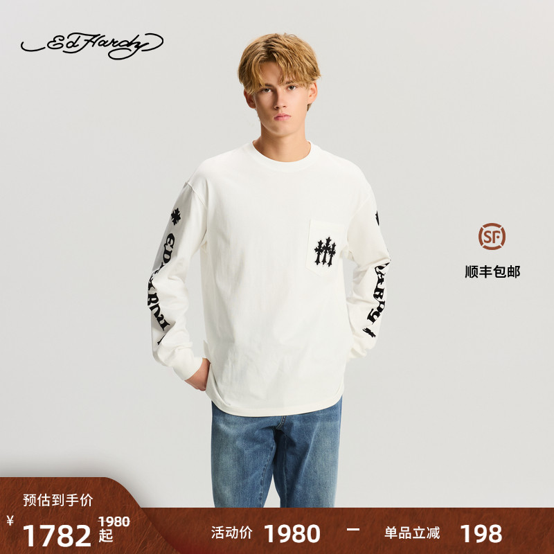 Ed Hardy埃德哈迪2025冬季新款男士植绒印花烫钻长袖T恤E1RCM511