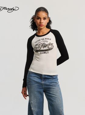 Ed Hardy埃德哈迪2026春季新款女士插肩袖撞色长袖T恤E1SAW248