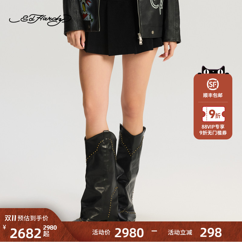 Ed Hardy埃德哈迪2025冬季新款女士烫珠A字百褶半身裙E1RDW403
