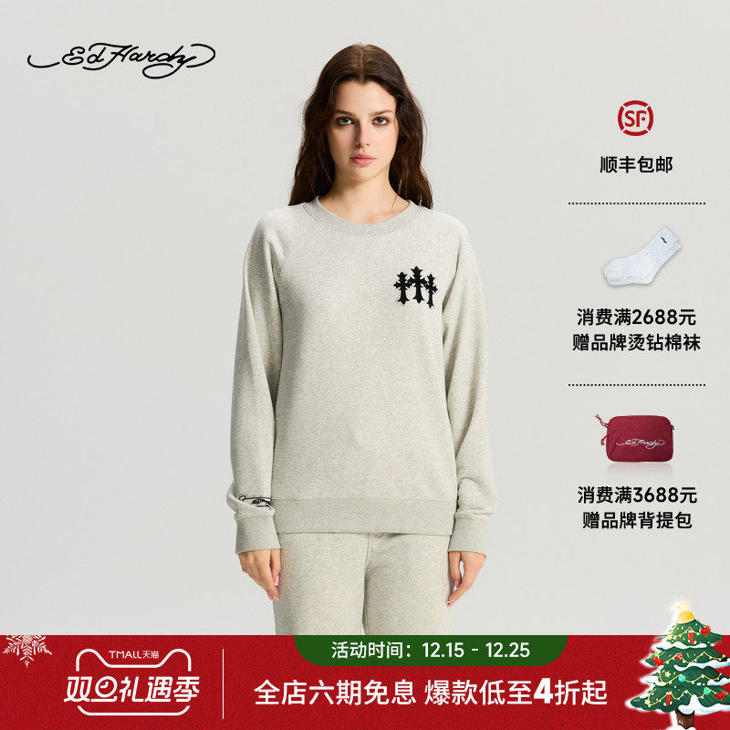 Ed Hardy埃德哈迪2025冬季新款女士植绒烫钻套头衫E1RCW520