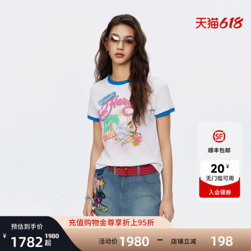 Ed Hardy埃德哈迪2026夏季新款女士撞色烫钻正肩短袖T恤E1SBW203