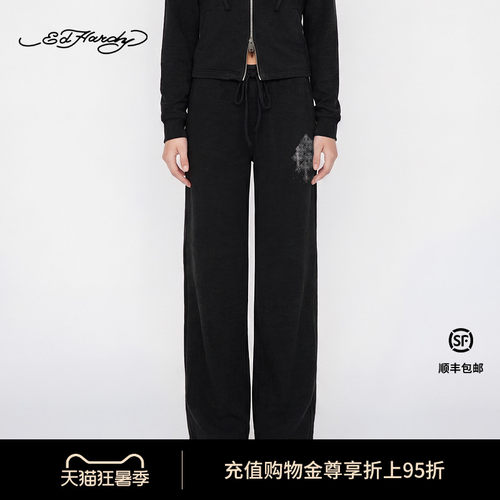 Ed Hardy埃德哈迪2026夏季新款女士十字架烫钻直筒长裤E1SBW505