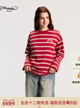 Ed Hardy埃德哈迪2026春季新款女士圆领宽松条纹长袖T恤E1SAW230