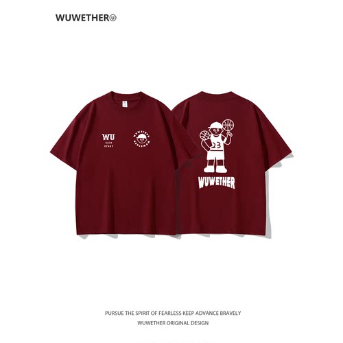 WUWETHER酒红色篮球卡通印花短袖