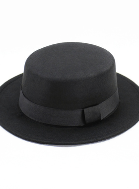 秋冬韩版礼帽英伦风黑色平顶礼帽GD绅士爵士帽宽平檐毛呢男女帽子