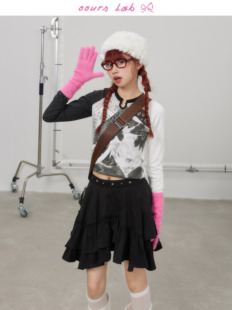 甜酷长袖 OOURS 短款 手绘涂鸦少女拼接条纹上衣修身 打底春秋 LAB