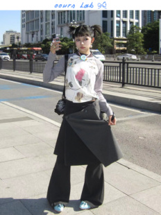 不对称灰色百褶裙喇叭裤 套装 女高腰显瘦 复古叠穿裙裤 OOURSLAB美式