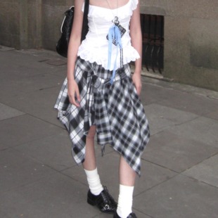 OOURSLAB原创不规则学院风格 子半裙设计感拼接黑白格松紧腰半身裙
