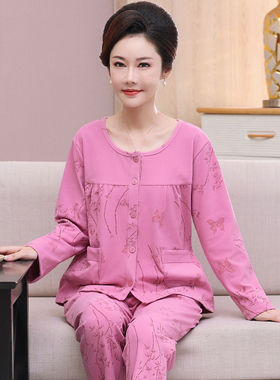 妈妈睡衣德绒款秋冬季长袖中年妇女士家居服圆领开衫大码薄绒套装