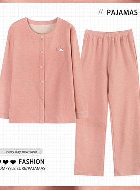 妈妈德绒睡衣长袖秋冬季薄款绒开衫中年妇女士家居服宽松大码套装