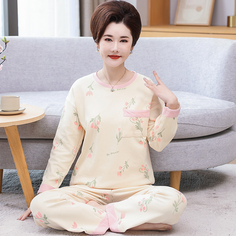 妈妈睡衣春秋款纯棉长袖套头中年妇女士家居服秋冬季薄款休闲大码