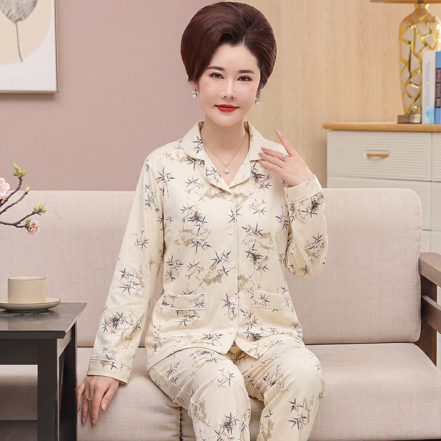 中年妈妈睡衣春秋季纯棉长袖薄款妇女士休闲家居服全棉套装加大码