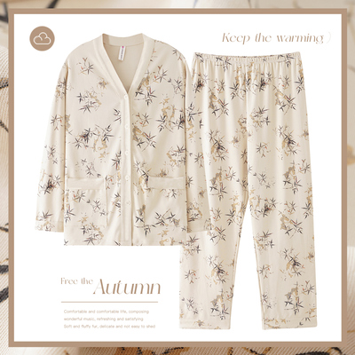 妈妈睡衣秋季纯棉长袖薄款大码女