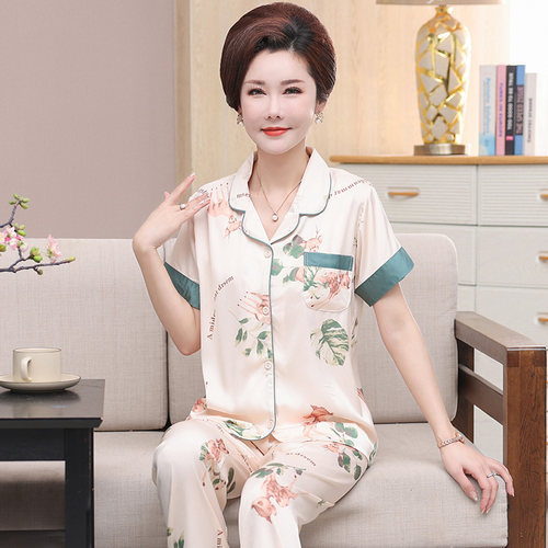 中年女丝绸睡衣夏季薄款短袖长裤
