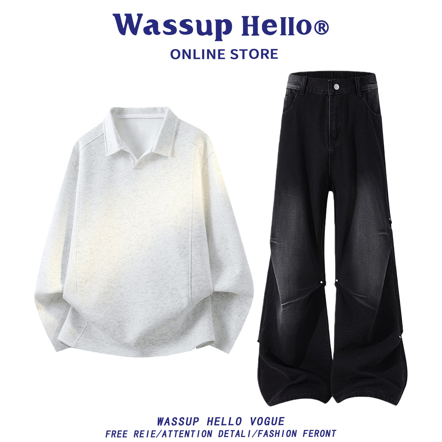 WASSUP HELLO美式风衬衫领卫衣套装男春季宽松休闲运动套装男,男装,休闲运动套装,淘宝优惠券,粉丝福利购,淘宝优惠卷