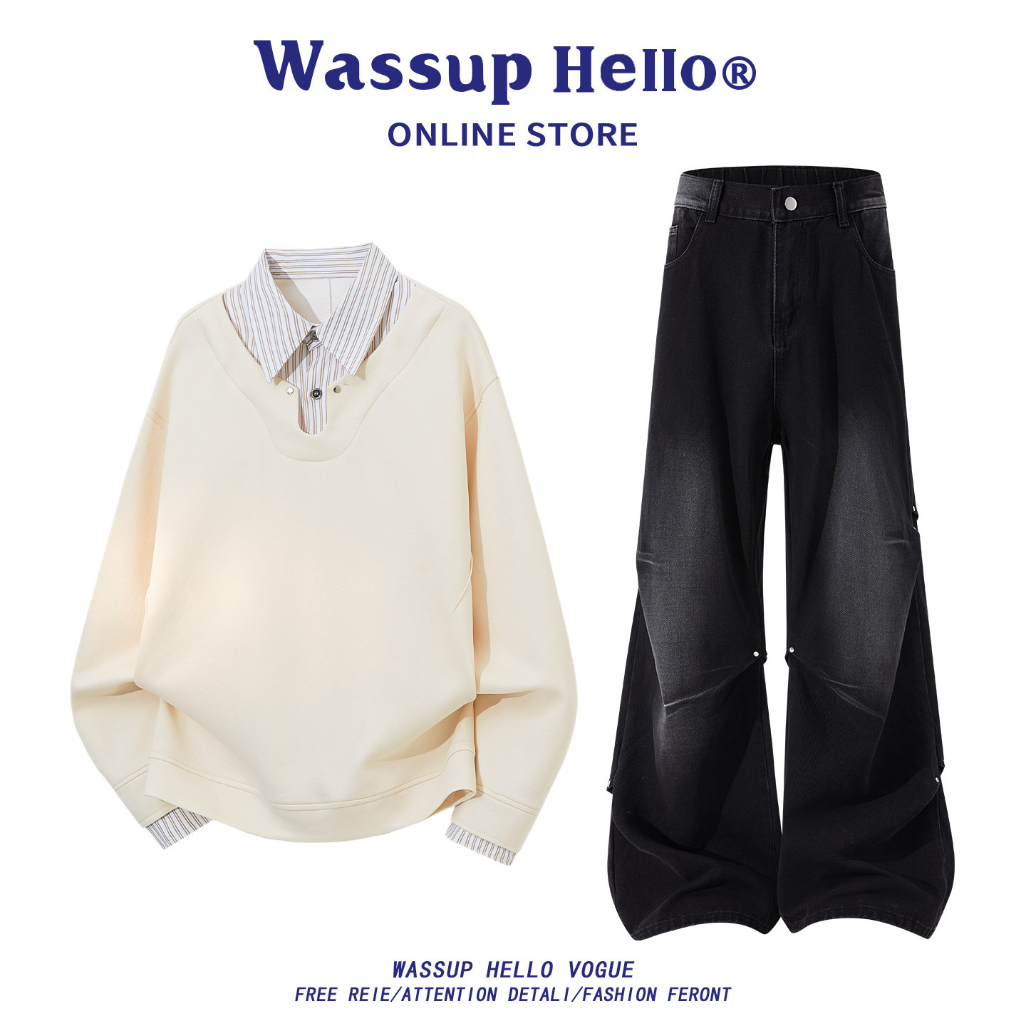 WASSUP HELLO假两件衬衫领卫衣男春季新款设计感条纹拼接衬衫套装,男装,休闲运动套装,淘宝优惠券,粉丝福利购,淘宝优惠卷