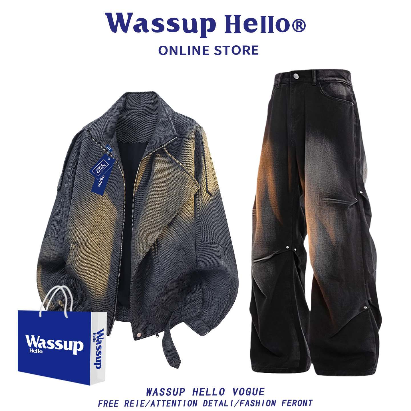 WASSUP HELLO老钱风工装解构双层领夹克外套男秋冬季运动休闲套装,男装,休闲运动套装,淘宝优惠券,粉丝福利购,淘宝优惠卷