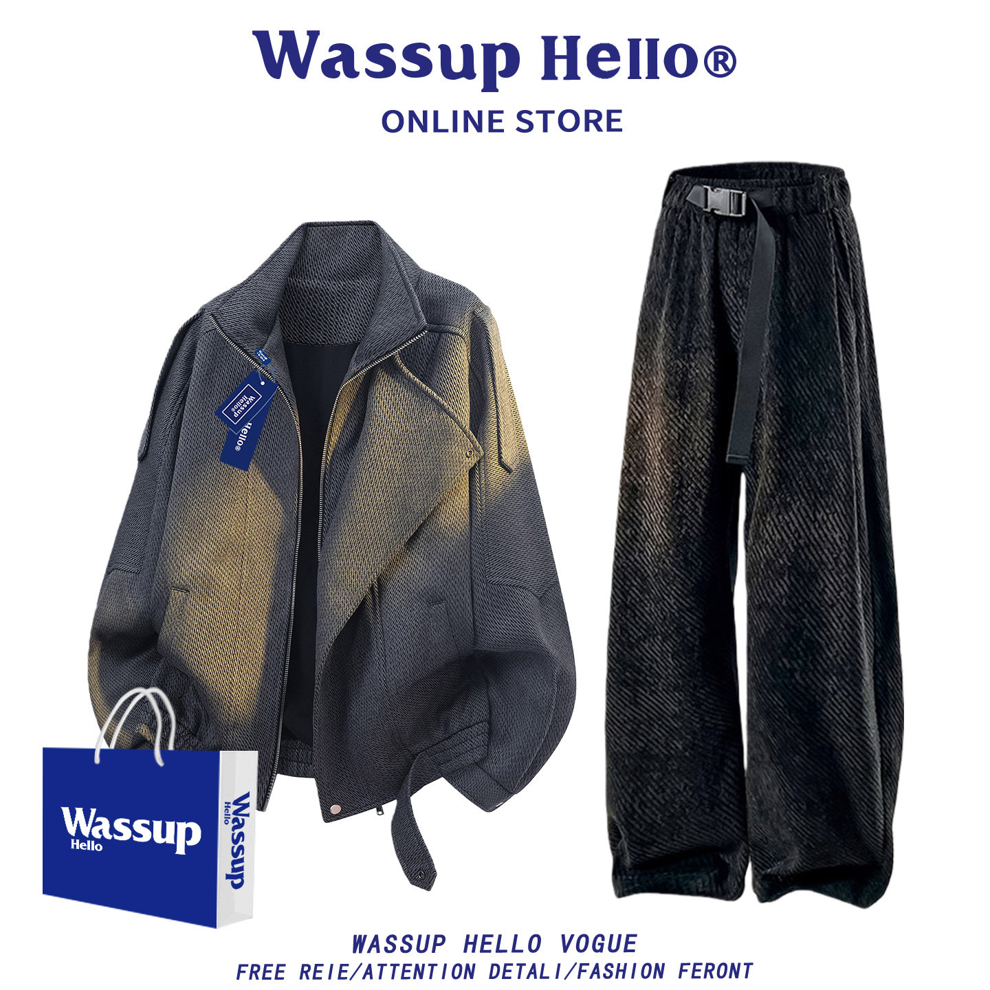 WASSUP HELLO老钱风美式复古双层领夹克外套男秋冬季运动休闲套装,男装,休闲运动套装,淘宝优惠券,粉丝福利购,淘宝优惠卷