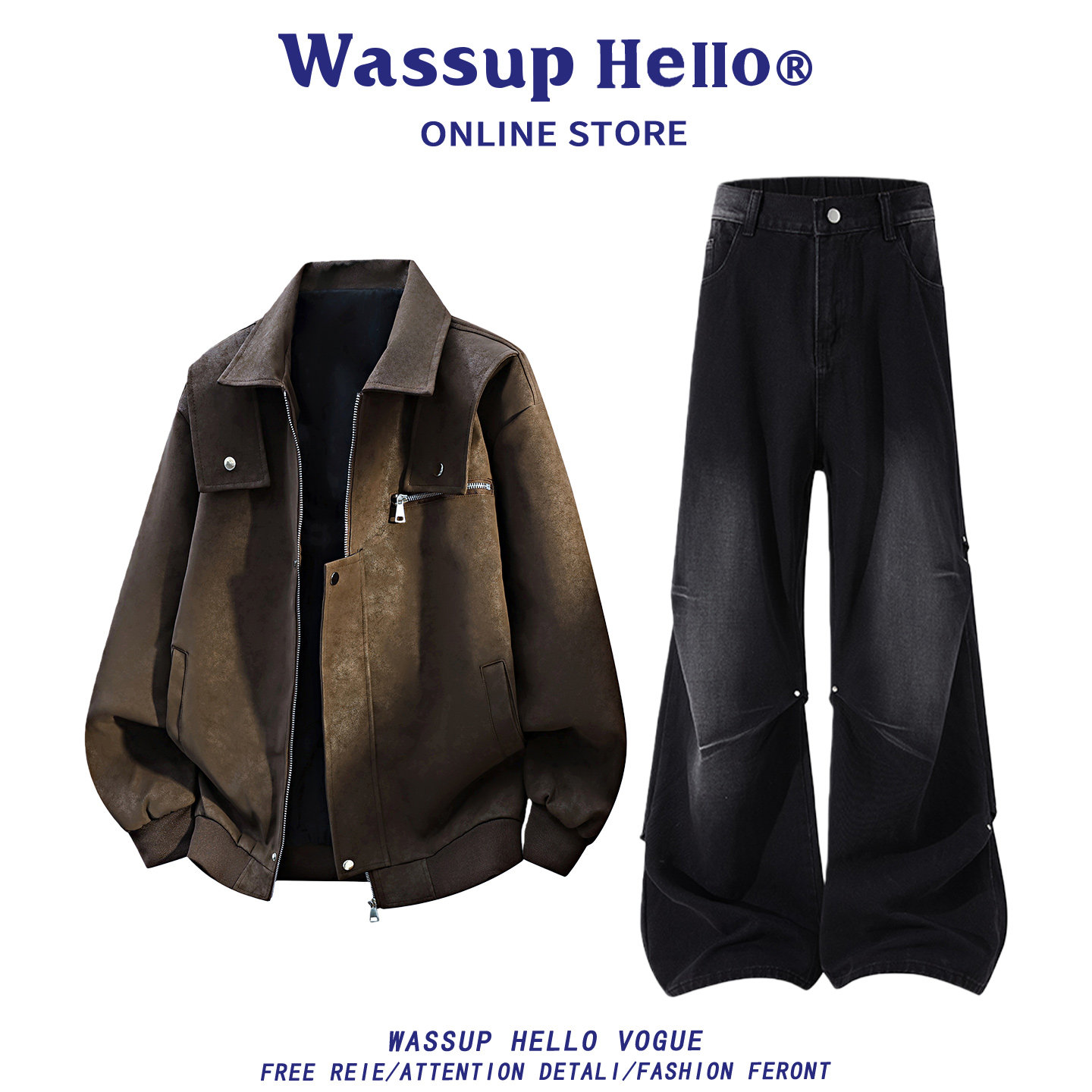 WASSUP HELLO美式复古潮流夹克外套牛仔裤休闲运动套装男士春季,男装,休闲运动套装,淘宝优惠券,粉丝福利购,淘宝优惠卷