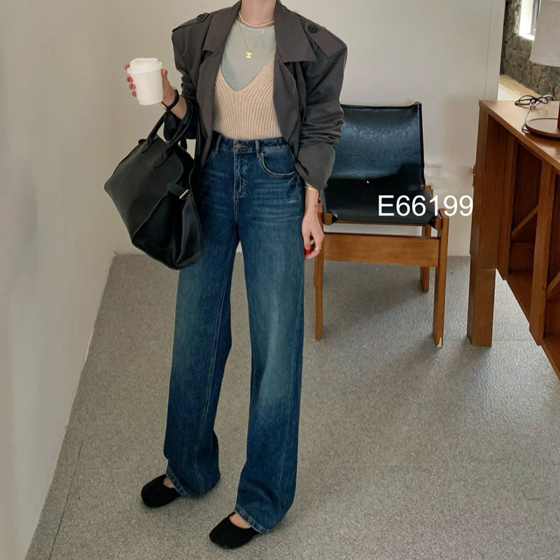 牛仔裤女2024秋爆款深蓝直筒拖地裤窄版阔腿裤66199