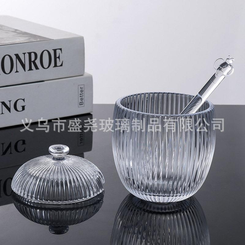 创意式竖条欧纹玻璃带棒蜂蜜带盖密封小熊竖纹零食搅拌干果储物零