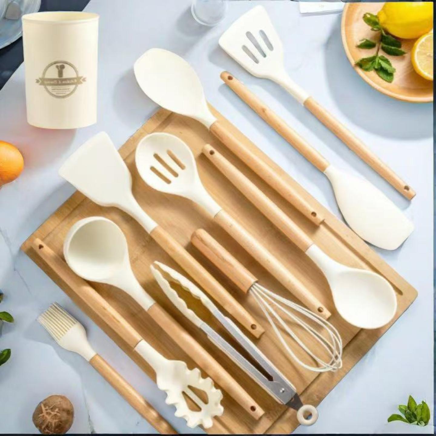 木柄硅胶厨具12件套耐高温锅铲
