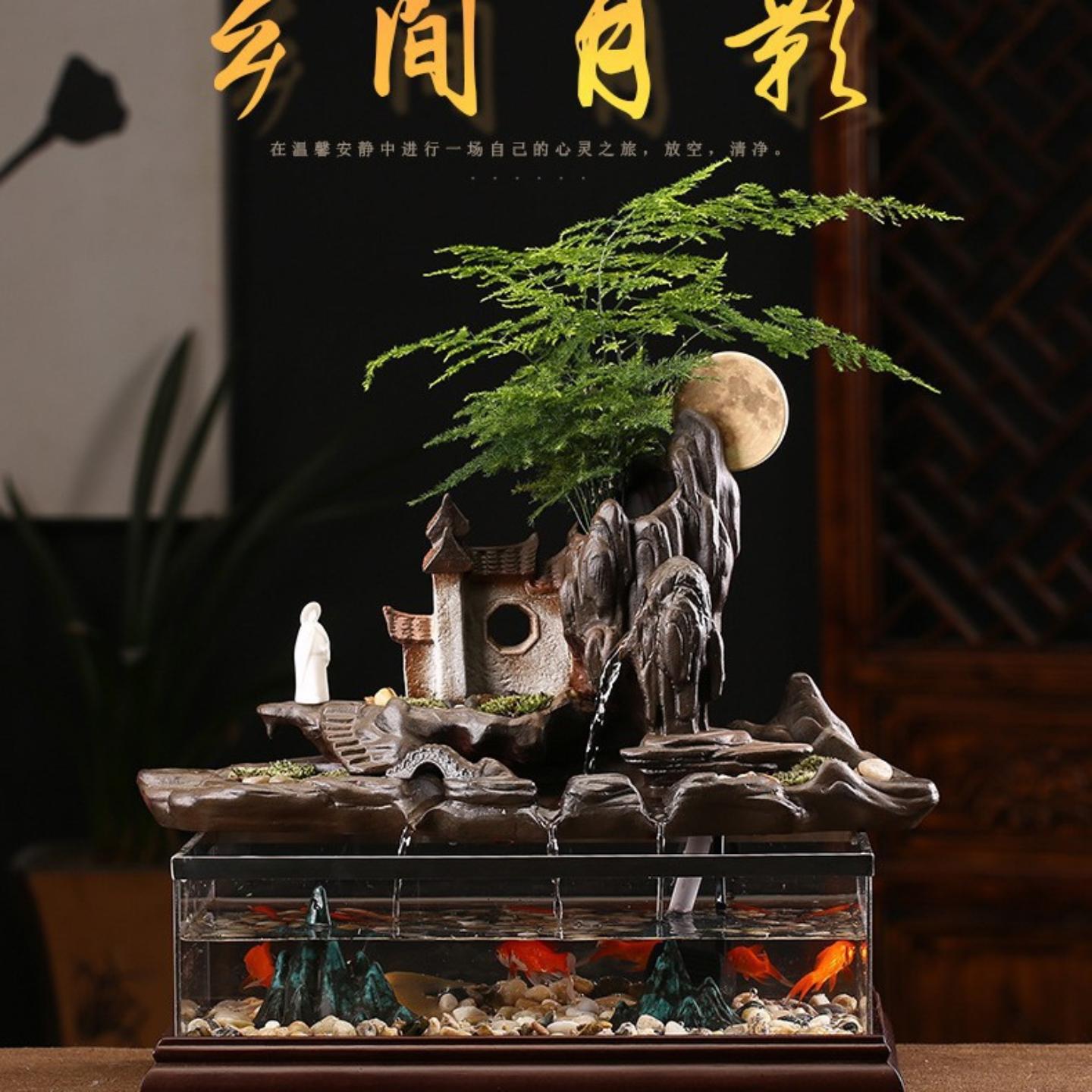 流水风水轮招财鱼缸假山小摆件室内玄关桌面景观装饰开业礼品生财