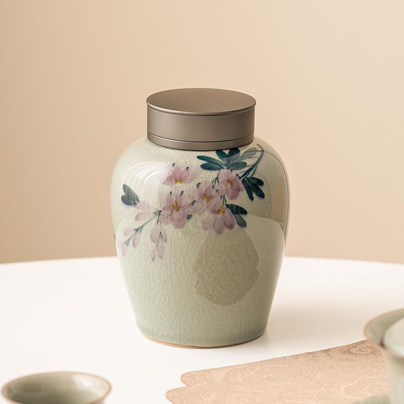 冰片釉纯手23JS0504绘茶叶罐陶罐瓷家用防密封迷你便携潮储茶花茶