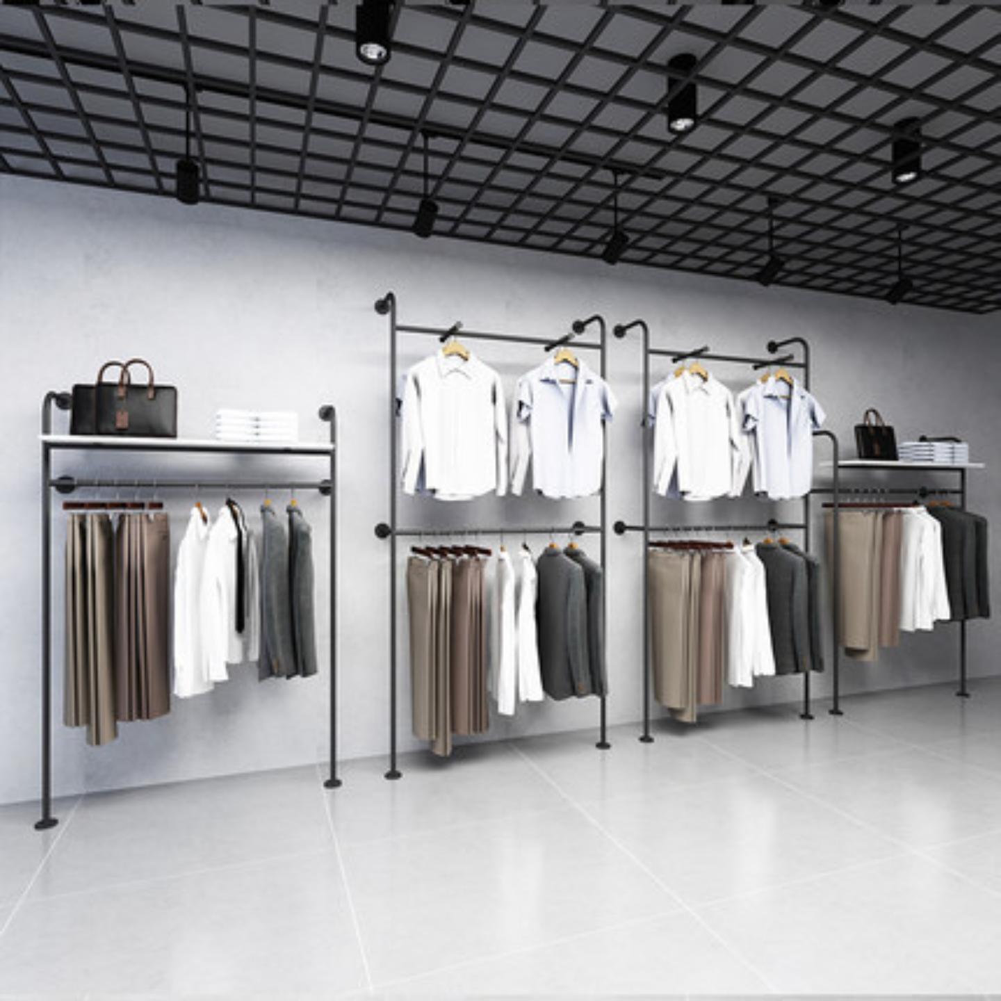 男装店货架服装展示架上墙落地式挂衣服架子双层鞋包陈列架挂衣杆