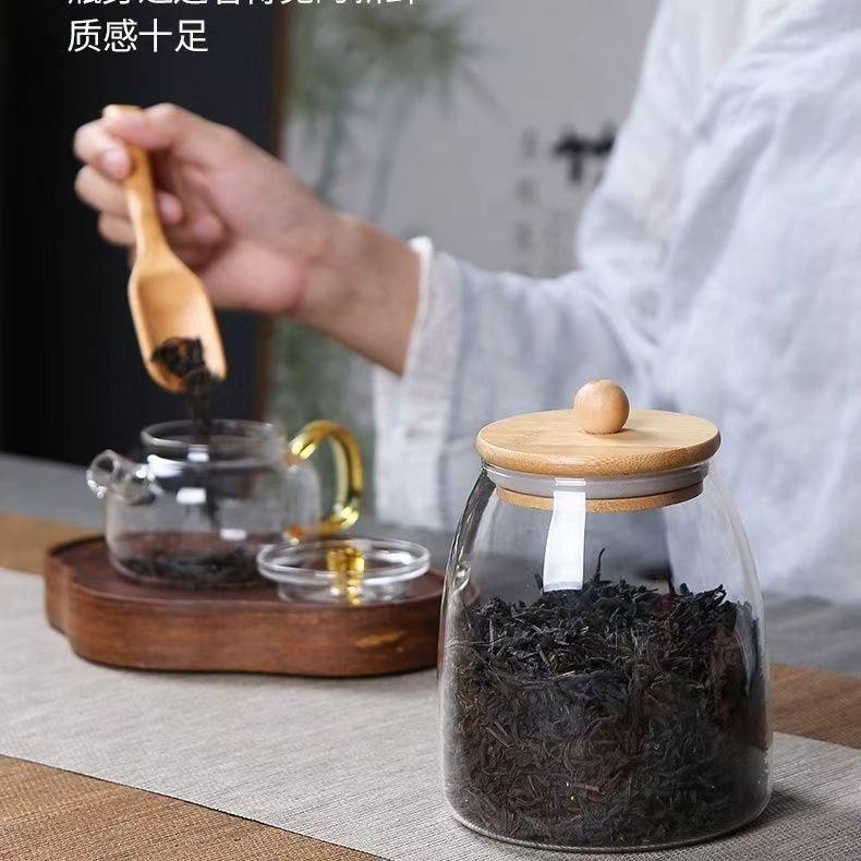 透890666收明玻璃密封花茶罐杂粮收纳罐竹玻盖弧罐形璃罐厨房纳罐