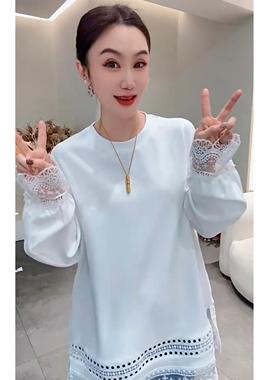 2025冬季新款加厚韩系百搭白色蕾丝拼接长袖大衫女温柔慵懒风上衣