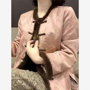 秋冬新中式粉色金闪闪提花拼接咖色水貂毛边加棉国风薄棉上衣外套