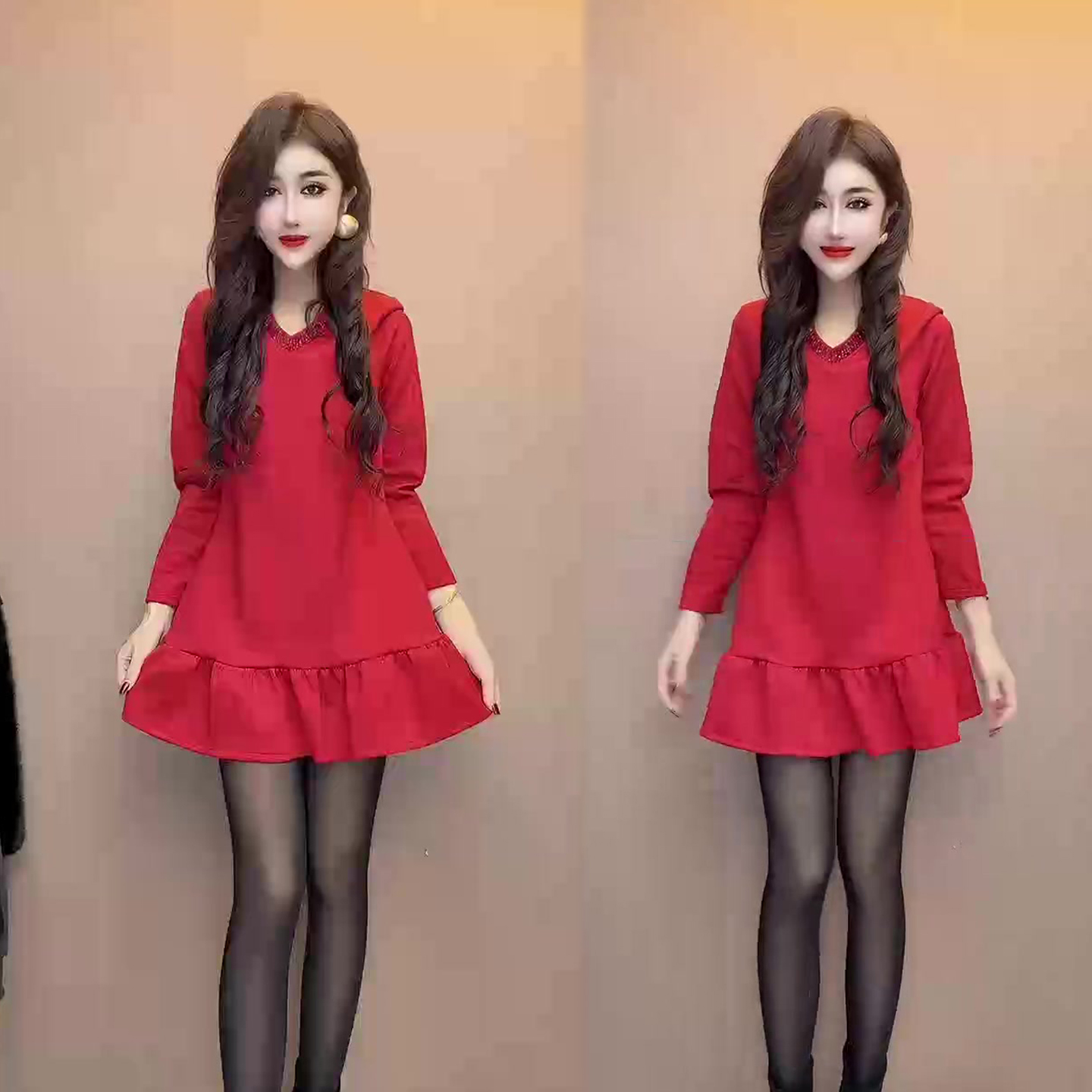 V领荷叶边连衣裙女2025冬