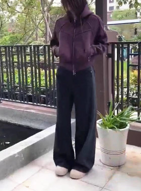 连帽卫衣短外套牛仔阔腿裤女潮