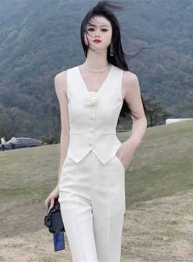 2025年夏季韩版高端女神ol气质白色马甲西装套装名媛阔腿裤两件套