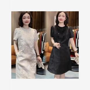 新款 港风复古连衣裙女2025年夏季 优雅高级感重工钉珠茶歇裙休闲裙