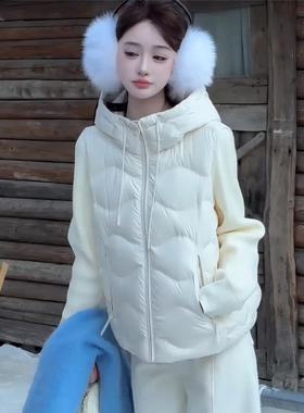 白色连帽拼接针织简约棉服短款外套2025冬季新款巨好看棉衣棉袄女