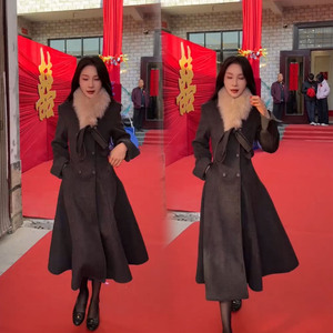 法式千金风黑色长款毛领风衣女秋冬季新款收腰显瘦仿呢子大衣外套