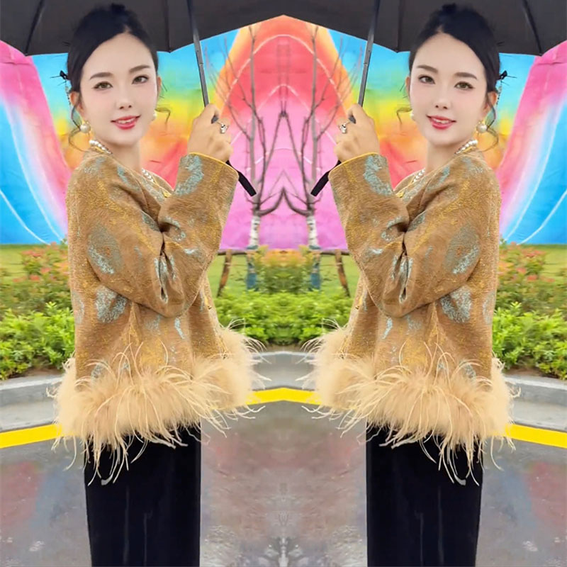 国风重工盘扣毛毛短外套半身裙