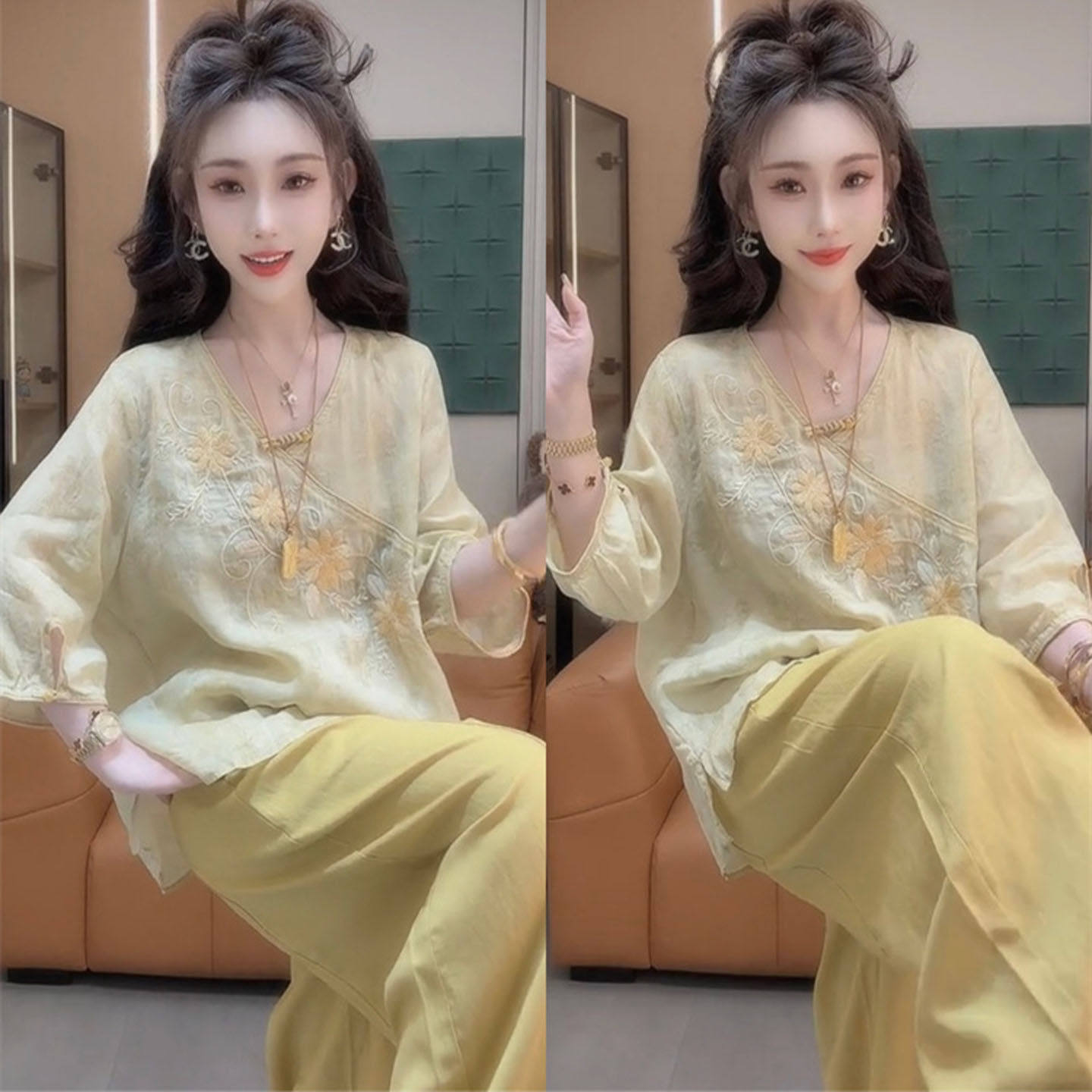 2026春夏网红新款新中式两件套女减龄重工刺绣盘扣苧麻上衣阔腿裤